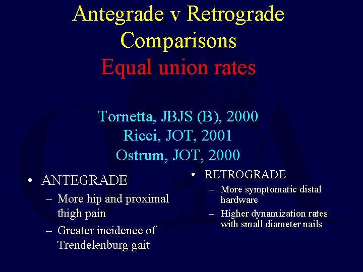 Antegrade v Retrograde Comparisons Equal union rates Tornetta, JBJS (B), 2000 Ricci, JOT, 2001