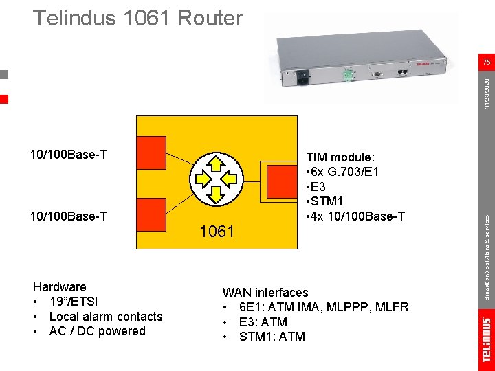 Telindus 1061 Router 10/100 Base-T Hardware • 19”/ETSI • Local alarm contacts • AC