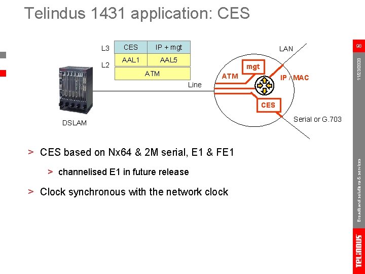 Telindus 1431 application: CES L 2 CES IP + mgt AAL 1 AAL 5