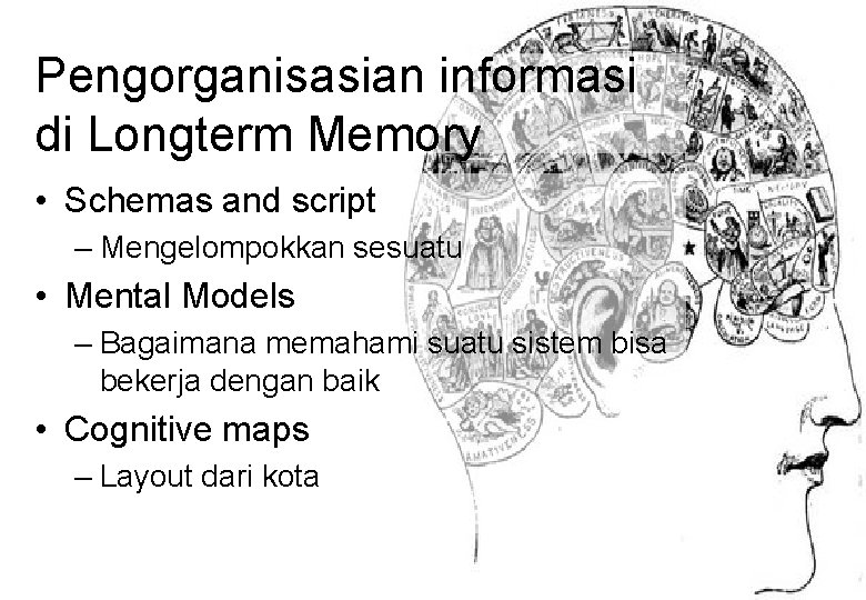 Pengorganisasian informasi di Longterm Memory • Schemas and script – Mengelompokkan sesuatu • Mental