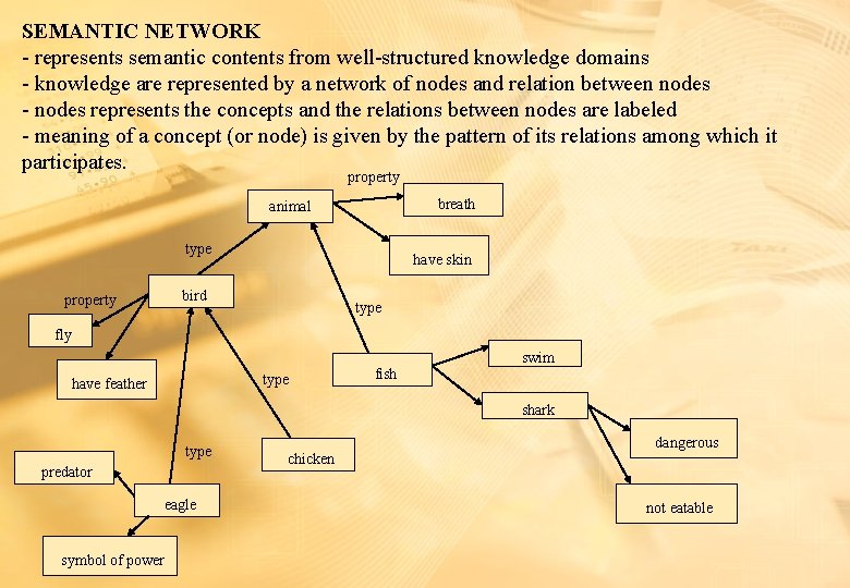 SEMANTIC NETWORK - represents semantic contents from well-structured knowledge domains - knowledge are represented