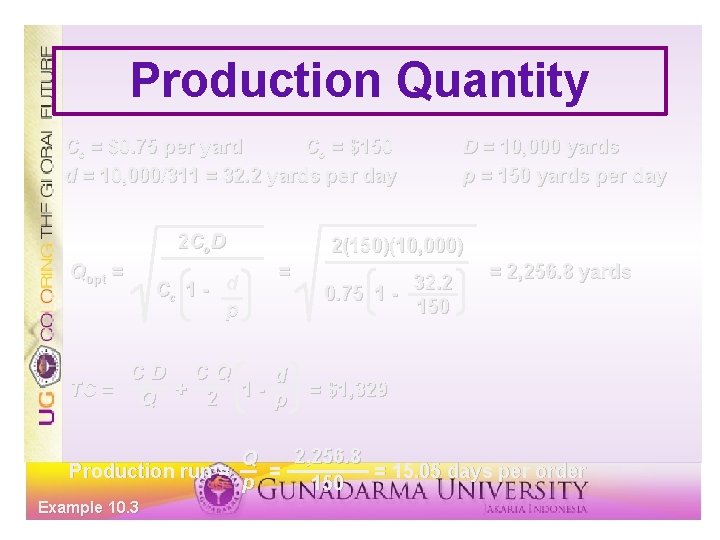 Production Quantity Cc = $0. 75 per yard Co = $150 d = 10,