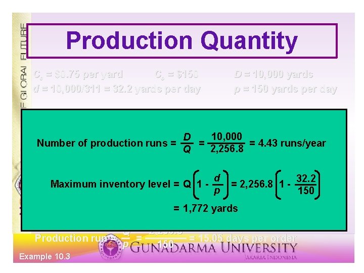 Production Quantity Cc = $0. 75 per yard Co = $150 d = 10,