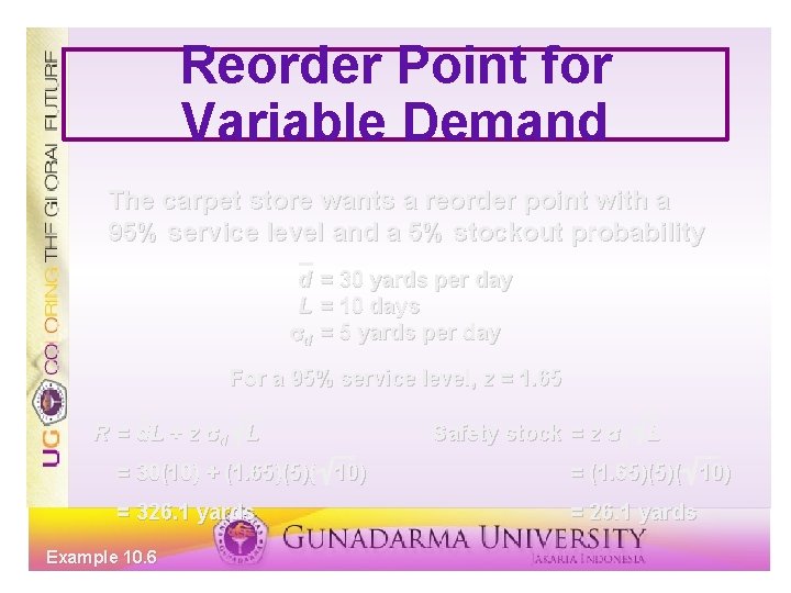 Reorder Point for Variable Demand The carpet store wants a reorder point with a