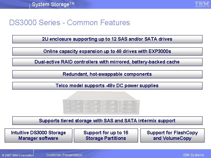 System Storage. TM DS 3000 Series - Common Features 2 U enclosure supporting up