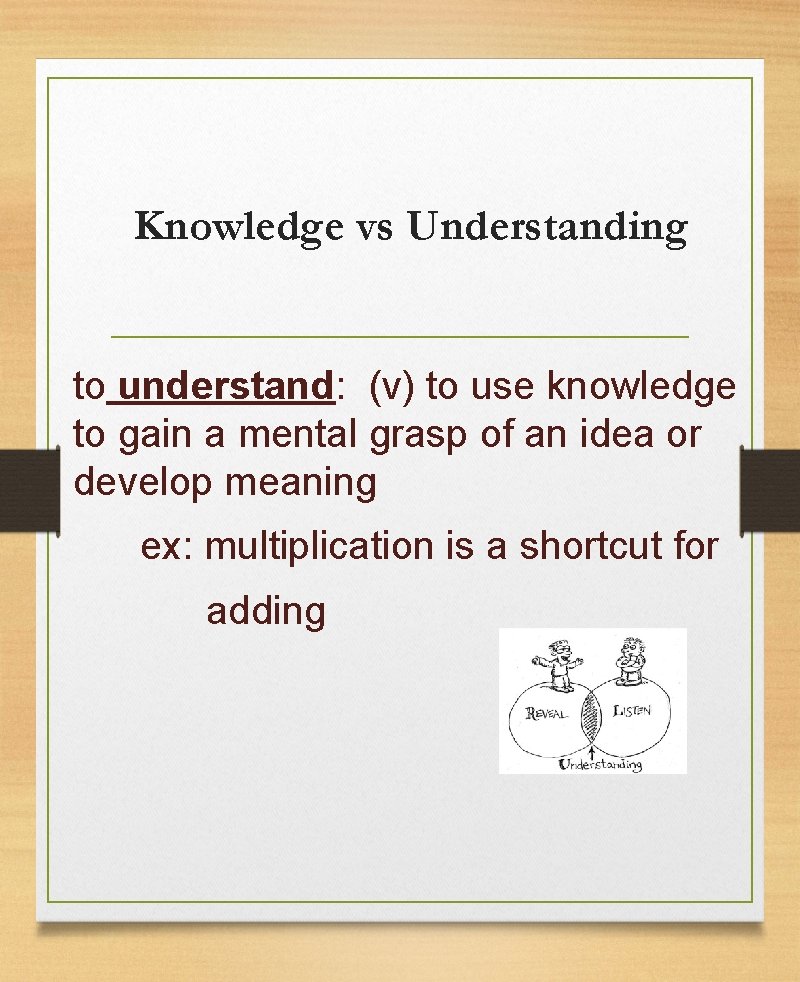 Knowledge vs Understanding to understand: (v) to use knowledge to gain a mental grasp