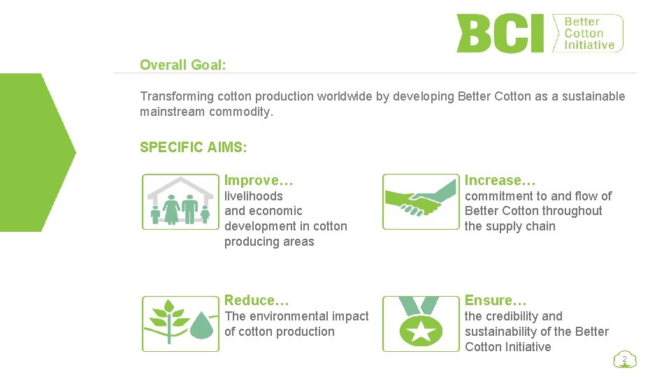 Overall Goal: Transforming cotton production worldwide by developing Better Cotton as a sustainable mainstream