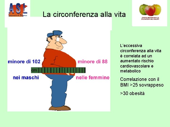 La circonferenza alla vita L’eccessiva circonferenza alla vita è correlata ad un aumentato rischio