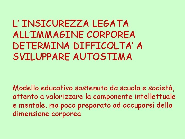 L’ INSICUREZZA LEGATA ALL’IMMAGINE CORPOREA DETERMINA DIFFICOLTA’ A SVILUPPARE AUTOSTIMA Modello educativo sostenuto da