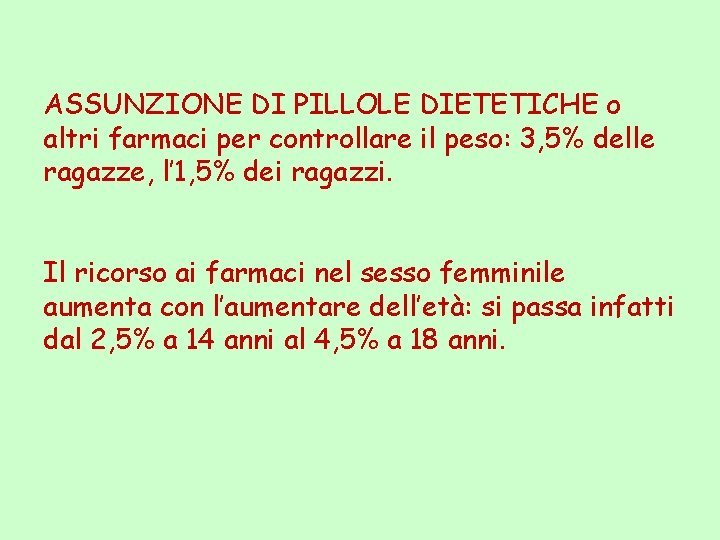 ASSUNZIONE DI PILLOLE DIETETICHE o altri farmaci per controllare il peso: 3, 5% delle