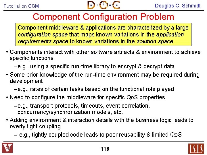 Douglas C. Schmidt Tutorial on CCM Component Configuration Problem Component middleware & applications are