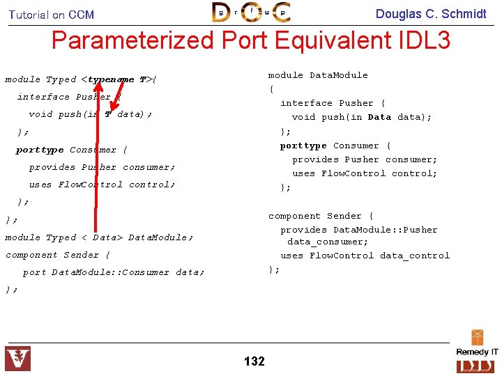 Douglas C. Schmidt Tutorial on CCM Parameterized Port Equivalent IDL 3 module Data. Module