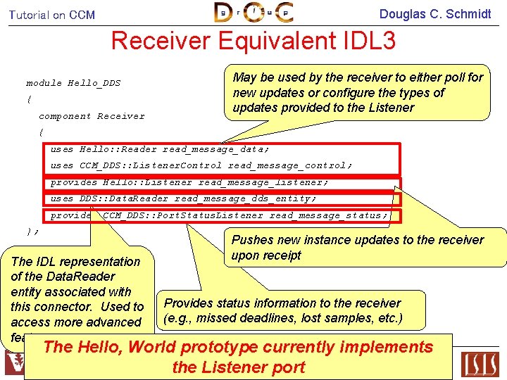 Douglas C. Schmidt Tutorial on CCM Receiver Equivalent IDL 3 module Hello_DDS { component