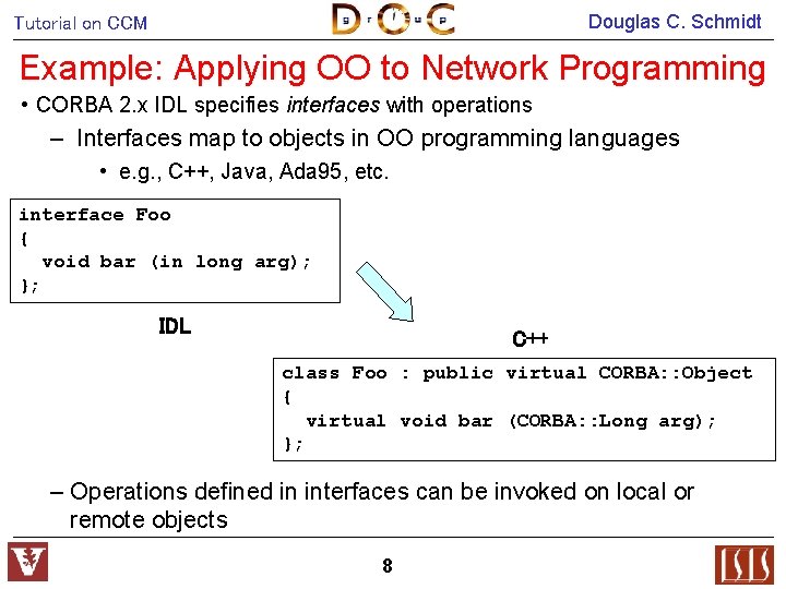 Douglas C. Schmidt Tutorial on CCM Example: Applying OO to Network Programming • CORBA
