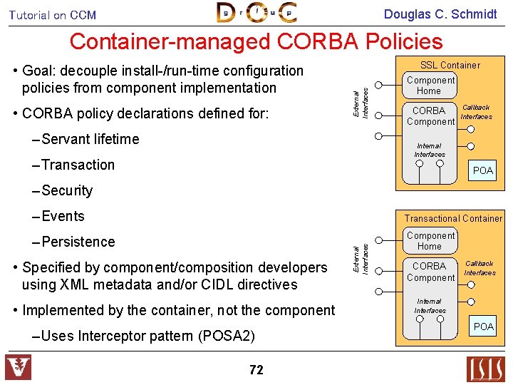 Douglas C. Schmidt Tutorial on CCM Container-managed CORBA Policies • CORBA policy declarations defined