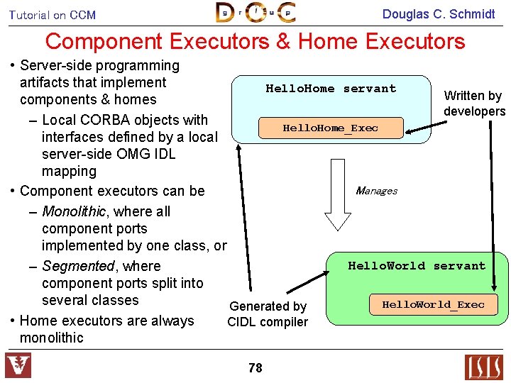 Douglas C. Schmidt Tutorial on CCM Component Executors & Home Executors • Server-side programming