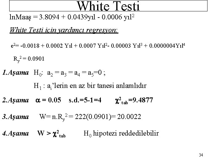 White Testi ln. Maaş = 3. 8094 + 0. 0439 yıl - 0. 0006