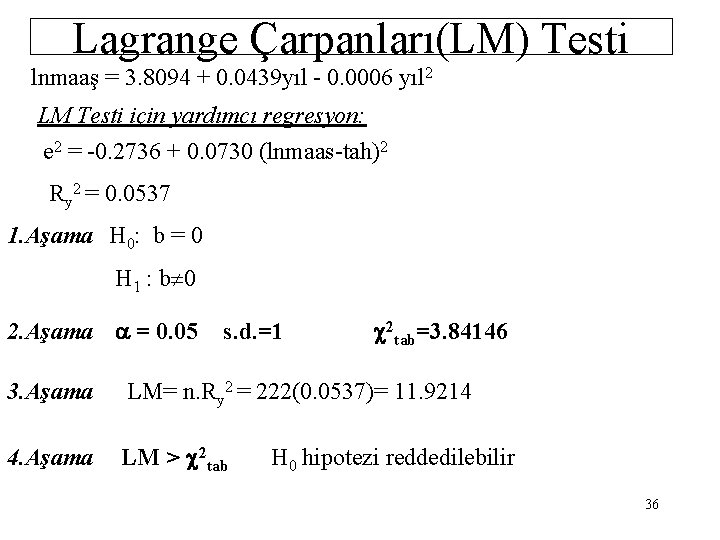 Lagrange Çarpanları(LM) Testi lnmaaş = 3. 8094 + 0. 0439 yıl - 0. 0006