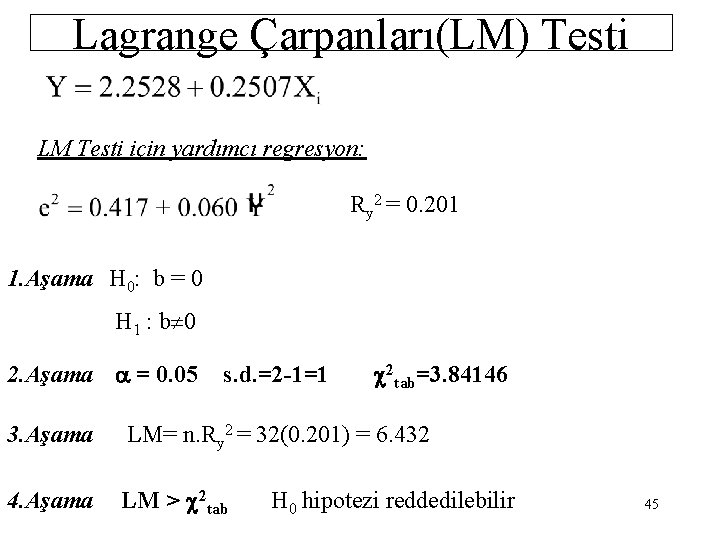 Lagrange Çarpanları(LM) Testi LM Testi için yardımcı regresyon: Ry 2 = 0. 201 1.