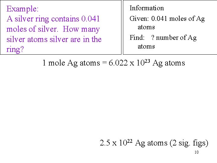 Example: A silver ring contains 0. 041 moles of silver. How many silver atoms