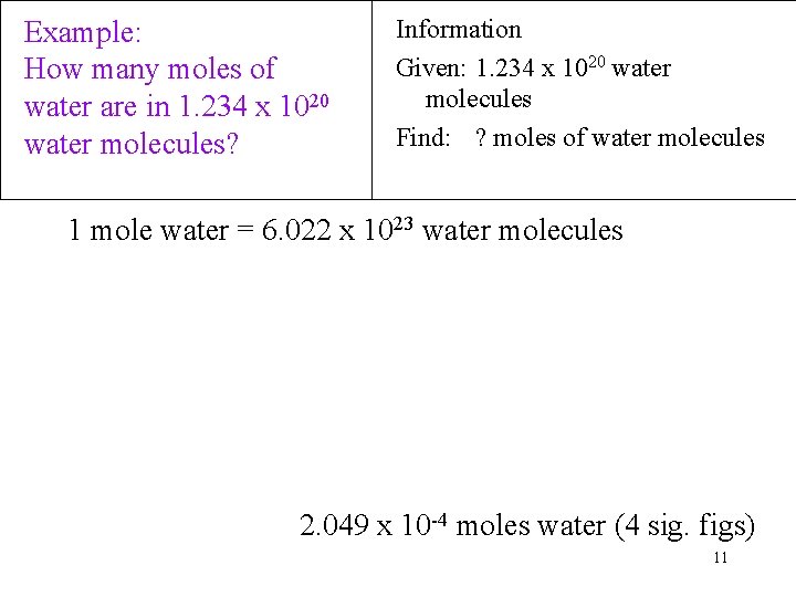 Example: How many moles of water are in 1. 234 x 1020 water molecules?