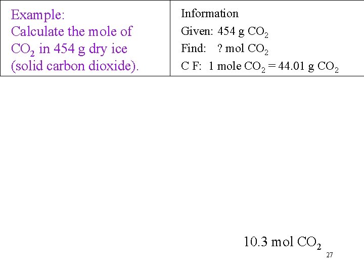 Example: Calculate the mole of CO 2 in 454 g dry ice (solid carbon