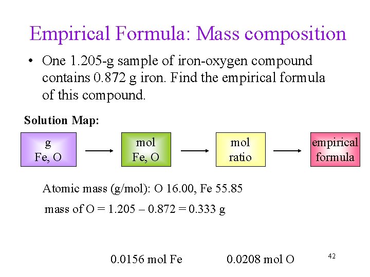 Empirical Formula: Mass composition • One 1. 205 -g sample of iron-oxygen compound contains