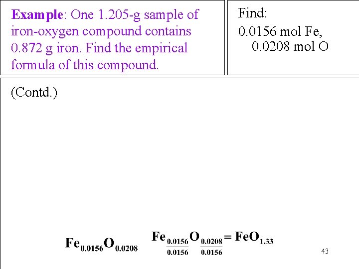 Example: One 1. 205 -g sample of iron-oxygen compound contains 0. 872 g iron.