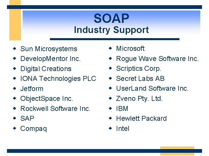 SOAP Industry Support w w w w w Sun Microsystems Develop. Mentor Inc. Digital