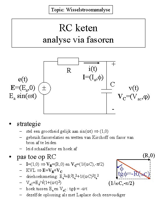 Topic: Wisselstroomanalyse RC keten analyse via fasoren R e(t) E=(Ea, 0) Ea sin( t)