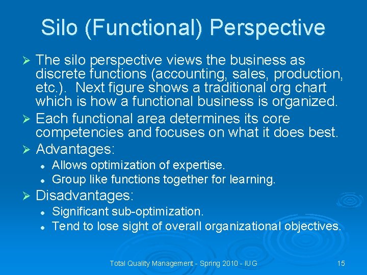 Silo (Functional) Perspective The silo perspective views the business as discrete functions (accounting, sales,