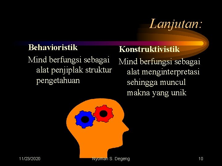 Lanjutan: Behavioristik Konstruktivistik Mind berfungsi sebagai alat penjiplak struktur alat menginterpretasi pengetahuan sehingga muncul