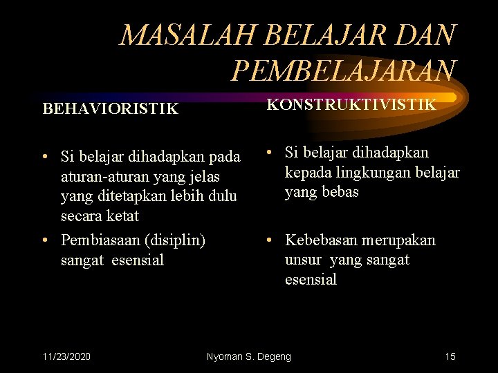 MASALAH BELAJAR DAN PEMBELAJARAN BEHAVIORISTIK KONSTRUKTIVISTIK • Si belajar dihadapkan pada aturan-aturan yang jelas