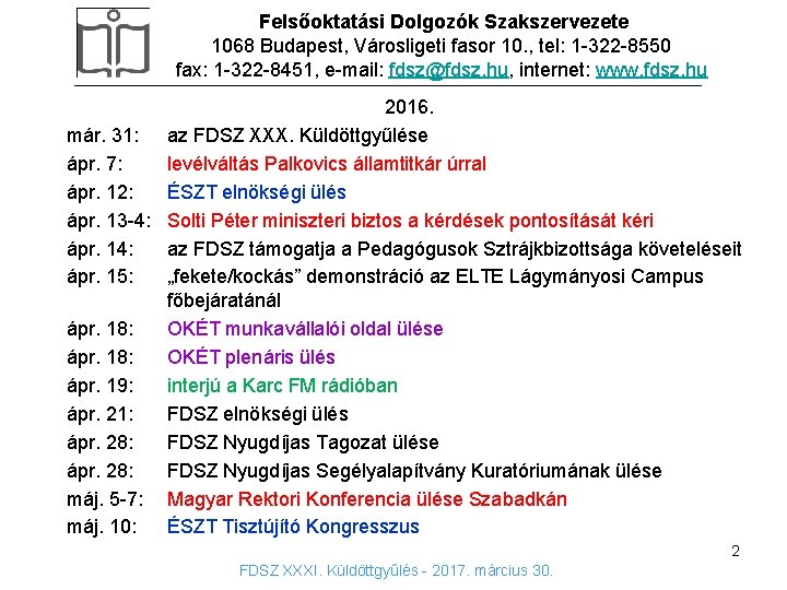 Felsőoktatási Dolgozók Szakszervezete 1068 Budapest, Városligeti fasor 10. , tel: 1 -322 -8550 fax: