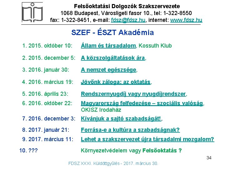 Felsőoktatási Dolgozók Szakszervezete 1068 Budapest, Városligeti fasor 10. , tel: 1 -322 -8550 fax: