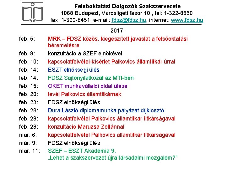 Felsőoktatási Dolgozók Szakszervezete 1068 Budapest, Városligeti fasor 10. , tel: 1 -322 -8550 fax: