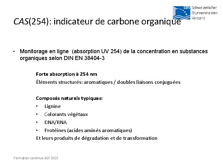 CAS(254): indicateur de carbone organique • Monitorage en ligne (absorption UV 254) de la