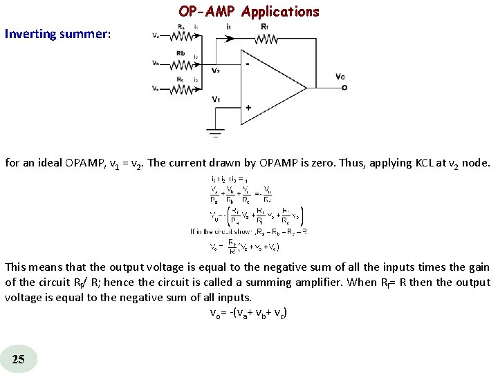  OP-AMP Applications Inverting summer: for an ideal OPAMP, v 1 = v 2.