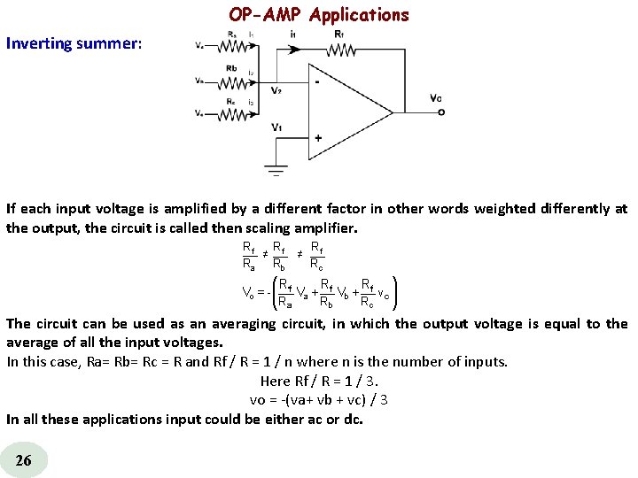 OP-AMP Applications Inverting summer: If each input voltage is amplified by a different