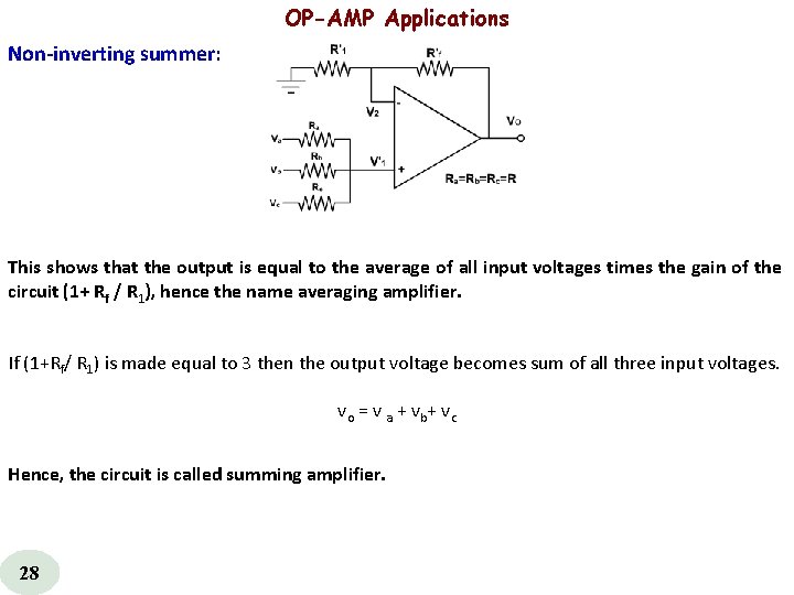  OP-AMP Applications Non inverting summer: This shows that the output is equal to