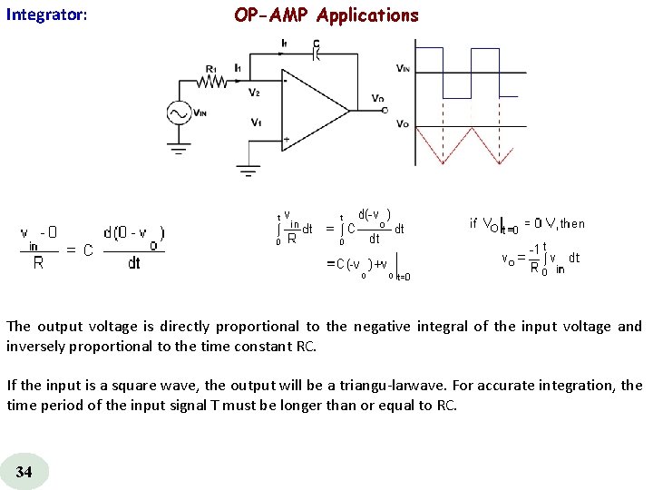  Integrator: OP-AMP Applications The output voltage is directly proportional to the negative integral