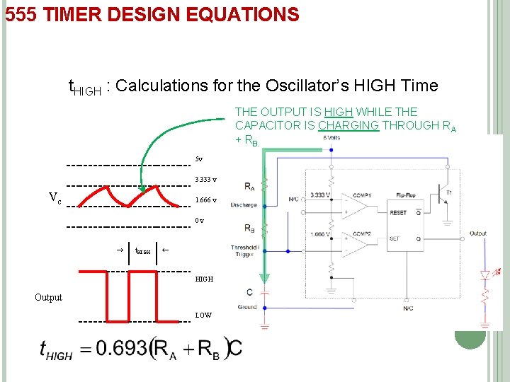 555 TIMER DESIGN EQUATIONS t. HIGH : Calculations for the Oscillator’s HIGH Time THE