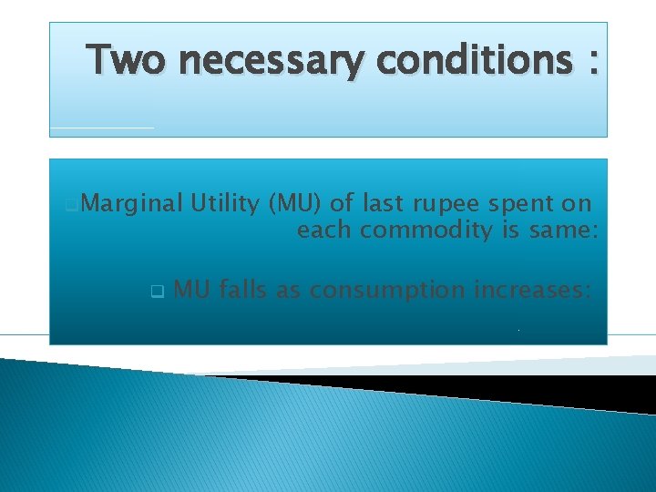 Two necessary conditions : q. Marginal Utility (MU) of last rupee spent on each