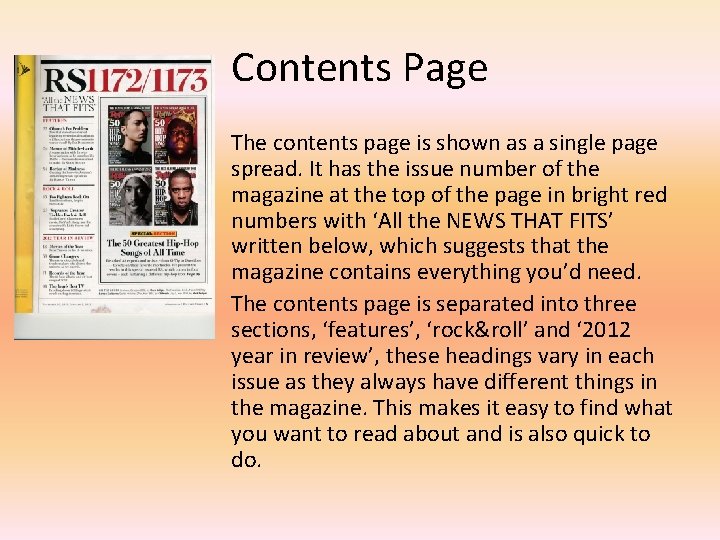 Contents Page The contents page is shown as a single page spread. It has