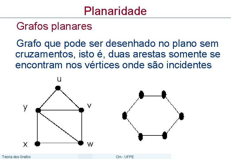 Planaridade Grafos planares Grafo que pode ser desenhado no plano sem cruzamentos, isto é,