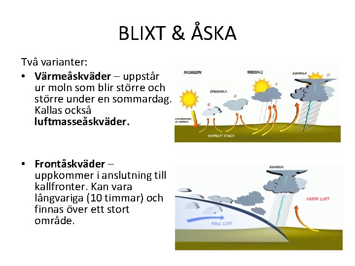 BLIXT & ÅSKA Två varianter: • Värmeåskväder – uppstår ur moln som blir större