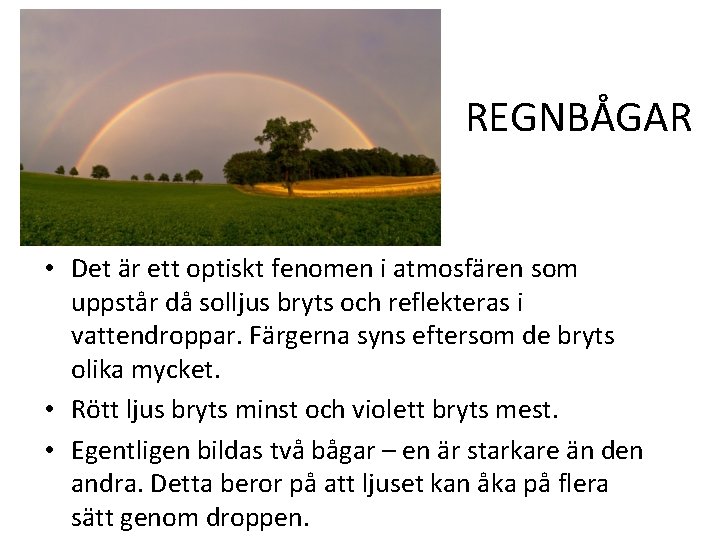 REGNBÅGAR • Det är ett optiskt fenomen i atmosfären som uppstår då solljus bryts