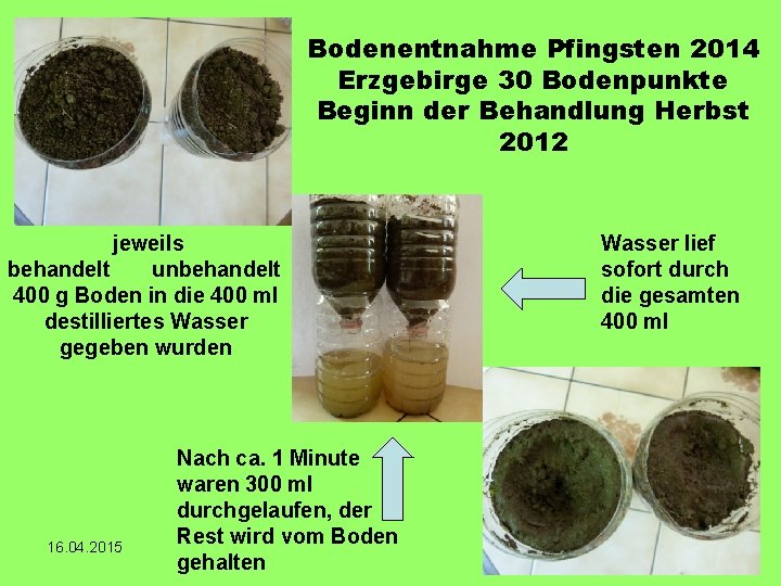 Bodenentnahme Pfingsten 2014 Erzgebirge 30 Bodenpunkte Beginn der Behandlung Herbst 2012 jeweils behandelt unbehandelt