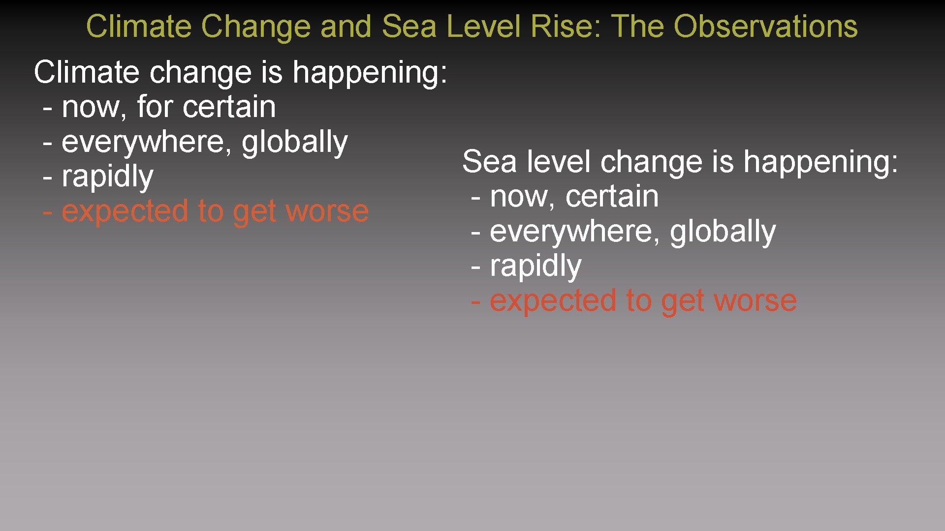 Climate Change and Sea Level Rise: The Observations Climate change is happening: - now,