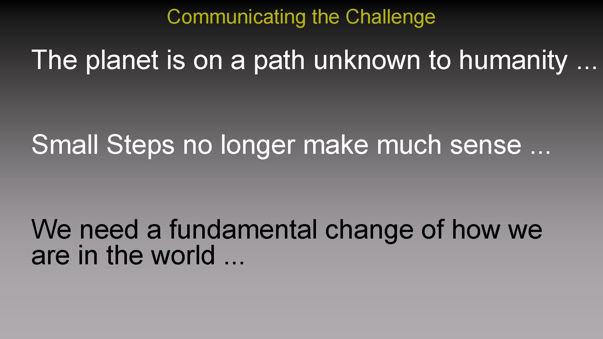 Communicating the Challenge The planet is on a path unknown to humanity. . .